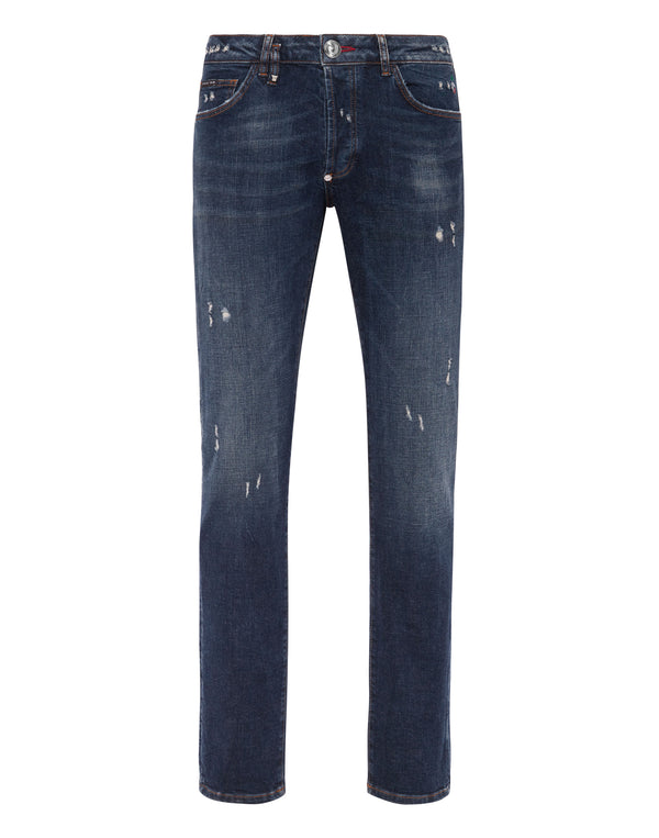 PHILIPP PLEIN Denim Trousers Super Straight Cut Fit Deep Ocean