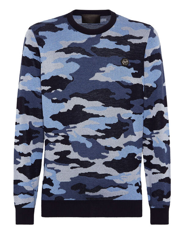 PHILIPP PLEIN Merino Wool Pullover Round Neck LS Camouflage