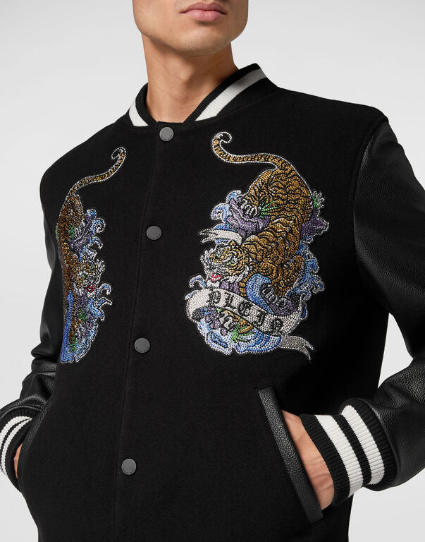 Philipp Plein｜College Bomber with Woolen cloth base with stones Tattoo 男款夾克