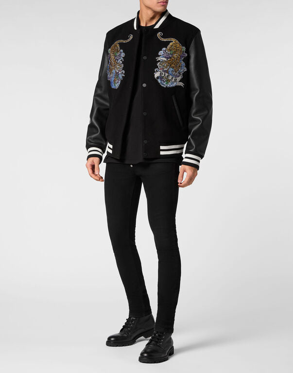 Philipp Plein｜College Bomber with Woolen cloth base with stones Tattoo 男款夾克