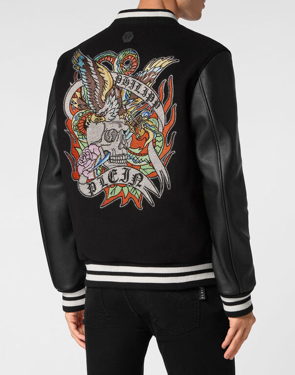 Philipp Plein｜College Bomber with Woolen cloth base with stones Tattoo 男款夾克