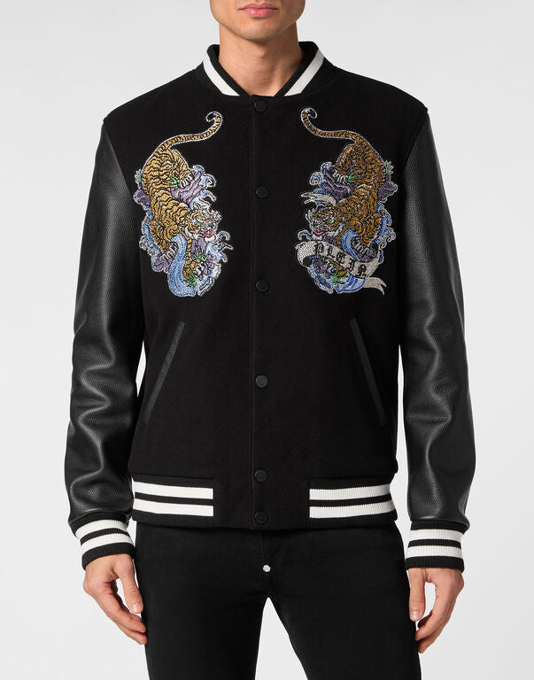 Philipp Plein｜College Bomber with Woolen cloth base with stones Tattoo 男款夾克