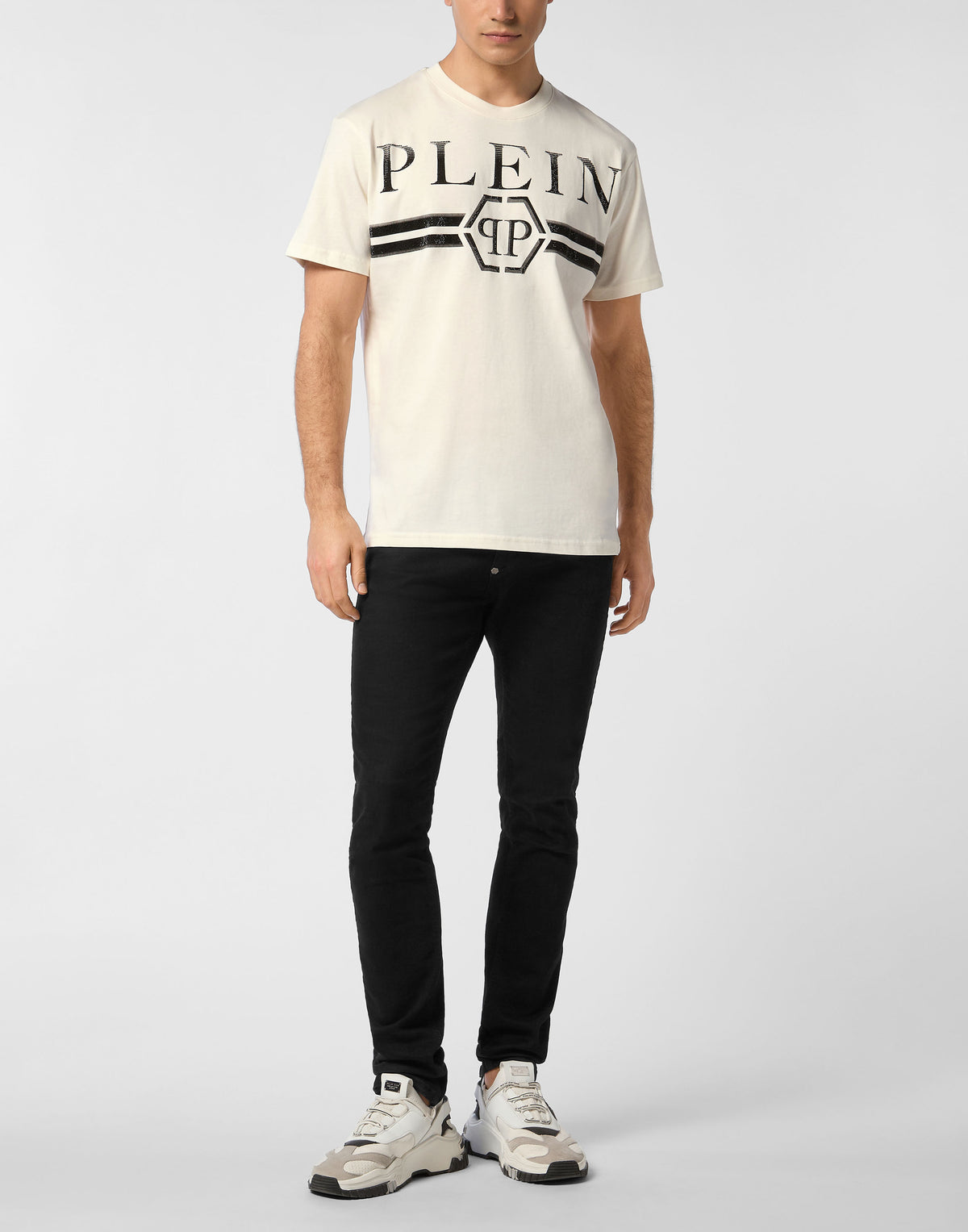 Philipp Plein｜Round Neck T-Shirt Full Of Stones Stripes 男款T恤