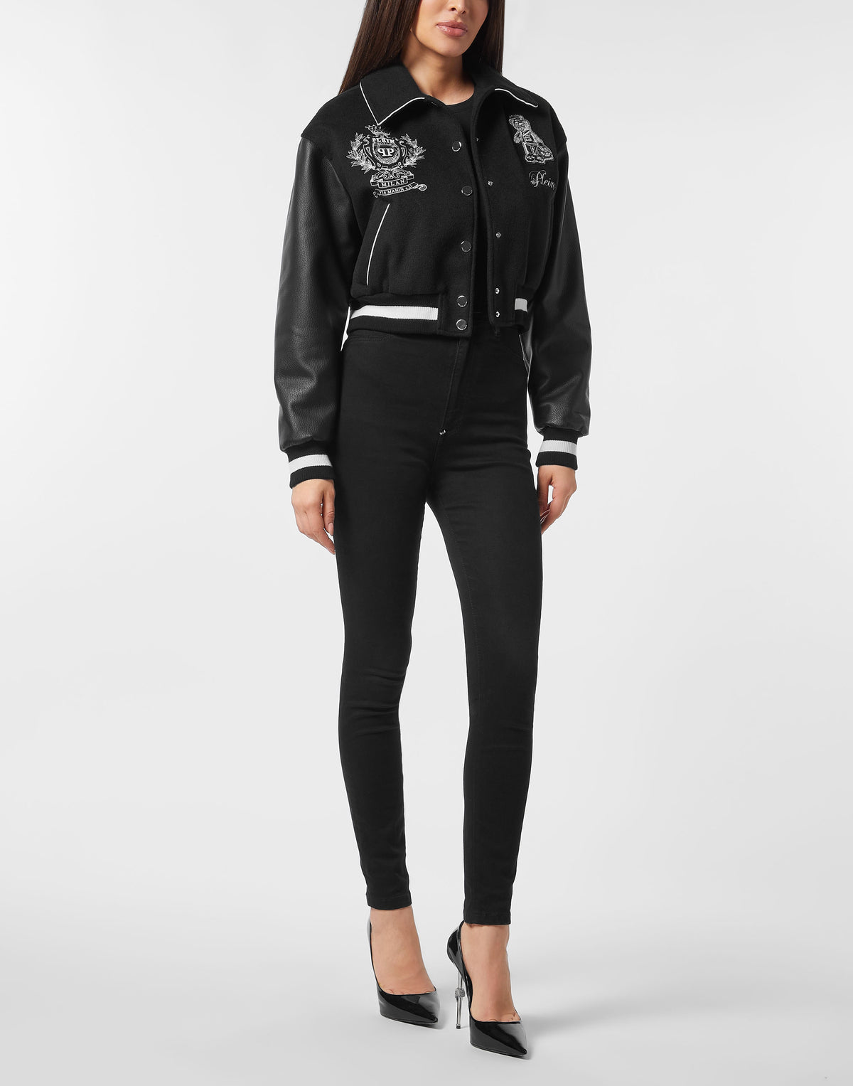 Philipp Plein｜Wool and Leather College Bomber Teddy 女款夾克
