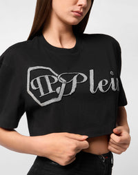 Philipp Plein｜Cropped T-Shirt Crystal Signature 女款T恤