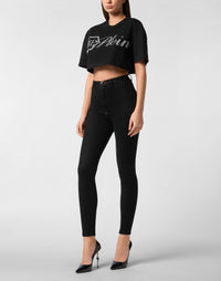 Philipp Plein｜Cropped T-Shirt Crystal Signature 女款T恤