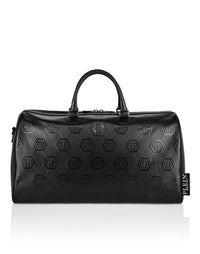 Philipp Plein Nappa Handle Bag Weekend Embossed Monogram 全黑納帕皮革滿版六角壓花週末旅行袋正面