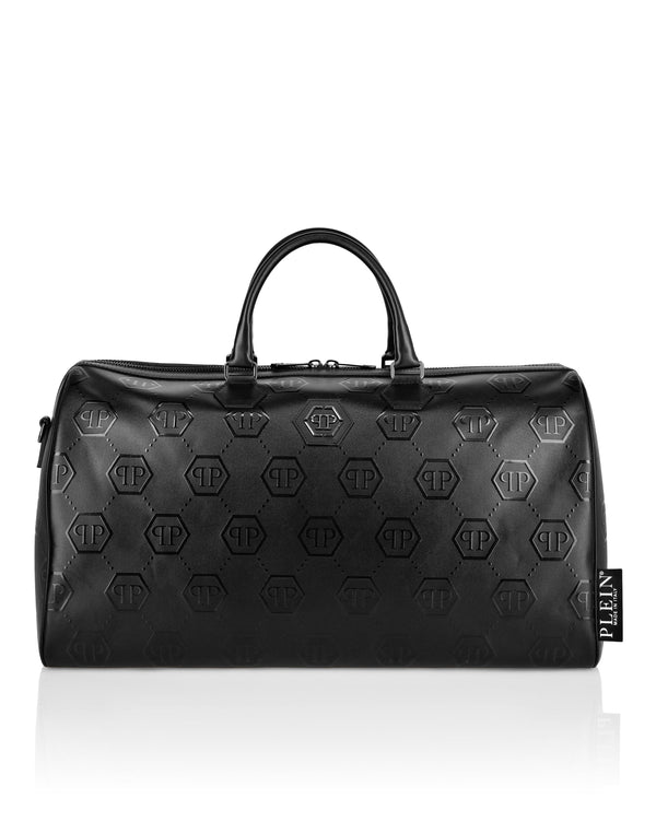 Philipp Plein Nappa Handle Bag Weekend Embossed Monogram 全黑納帕皮革滿版六角壓花週末旅行袋正面