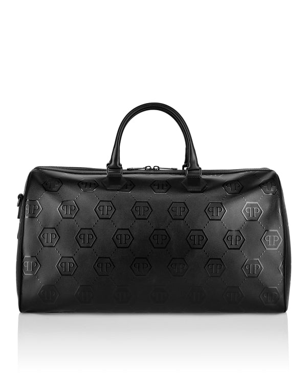 Philipp Plein Nappa Handle Bag Weekend Embossed Monogram 全黑納帕皮革滿版六角壓花週末旅行袋正面