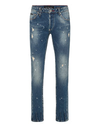 Philipp Plein Denim Super Straight Cut Studs 中藍白色潑漆做舊直筒牛仔褲 男款正面