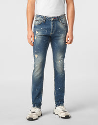 Philipp Plein Super Straight Studs 全褲面白色潑漆效果細節特寫