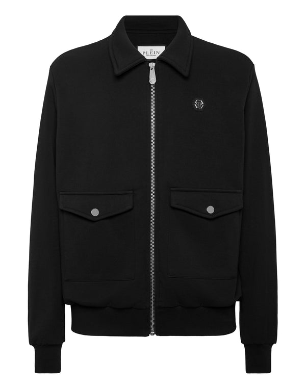 Philipp Plein Jacket Coster 全黑雙胸口袋金屬徽章翻領夾克外套 男款正面