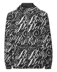 Philipp Plein Nylon Jacket 黑色滿版草寫Logo印花連帽外套 男款正面