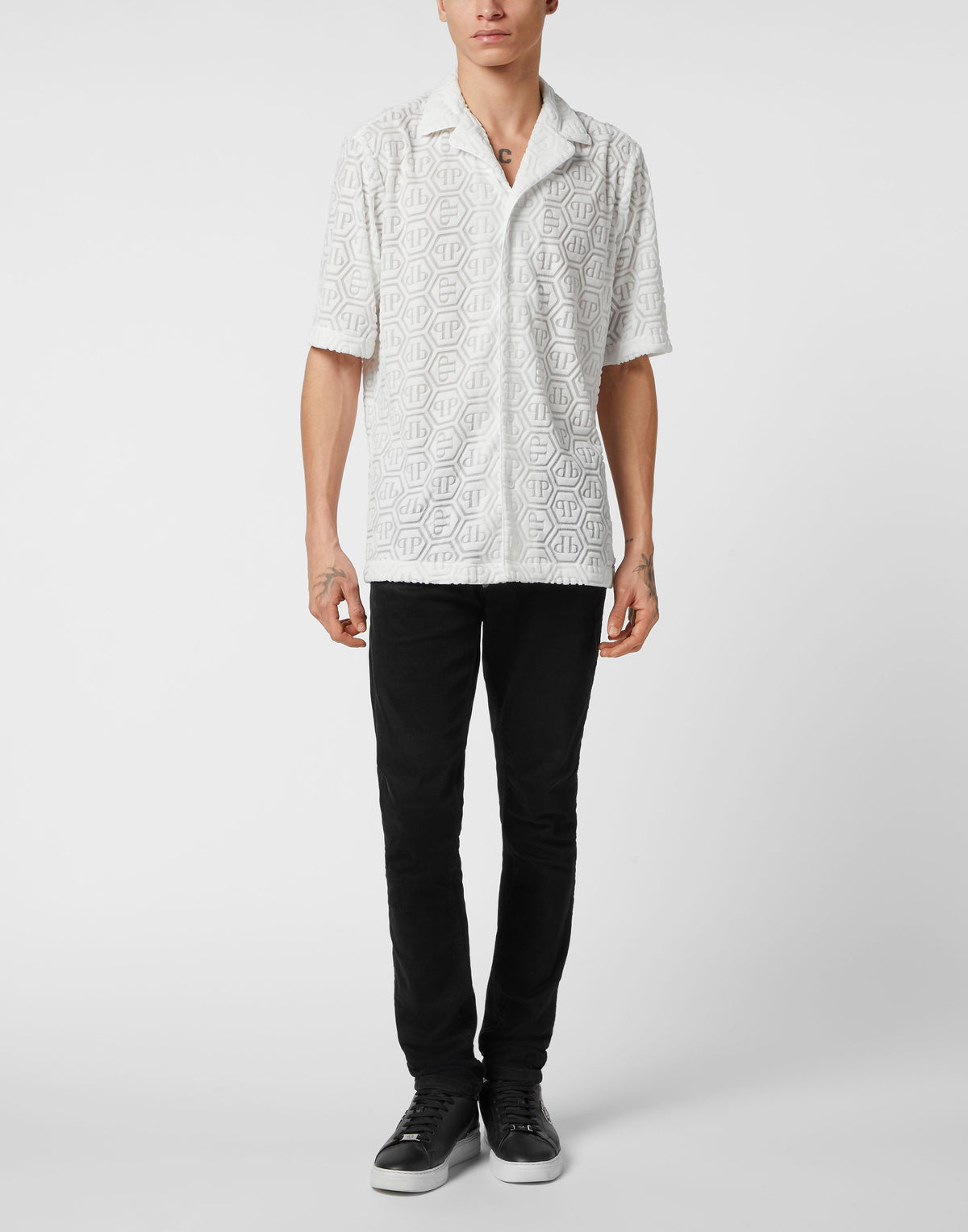 Philipp Plein Bowling Fit Jacquard Monogram 男款白色襯衫穿搭示範 189cm L號