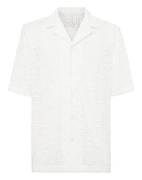 Philipp Plein Shirt Bowling Fit Jacquard Monogram 白色六角提花保齡球領短袖襯衫 男款正面