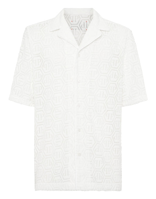 Philipp Plein Shirt Bowling Fit Jacquard Monogram 白色六角提花保齡球領短袖襯衫 男款正面