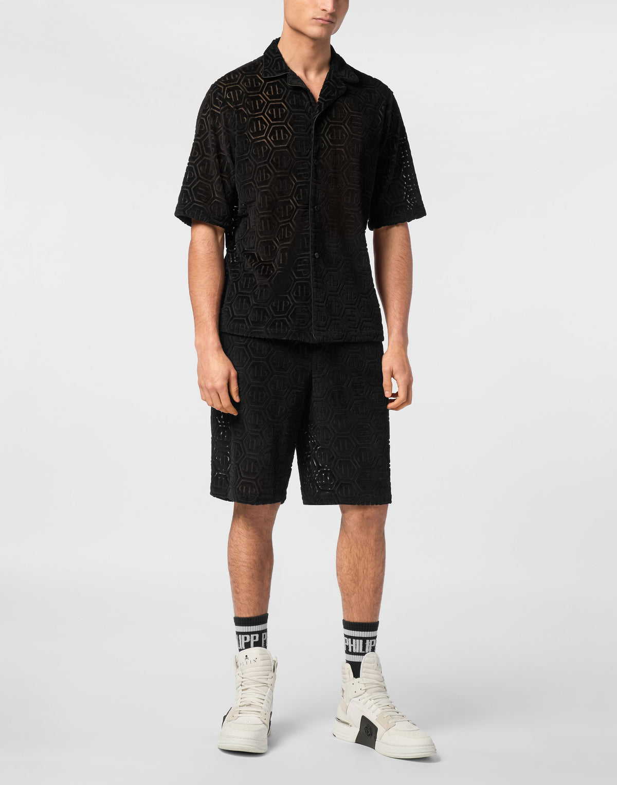 Philipp Plein Shirt Fit Jacquard Monogram 男款黑色襯衫穿搭示範 189cm L號