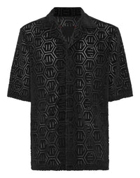 Philipp Plein Shirt SS Fit Jacquard Monogram 黑色毛圈絨面六角PP浮雕保齡球領短袖襯衫 男款正面