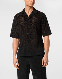 Philipp Plein Shirt SS Fit Jacquard Monogram 黑色毛圈絨面六角PP浮雕保齡球領短袖襯衫 男款正面