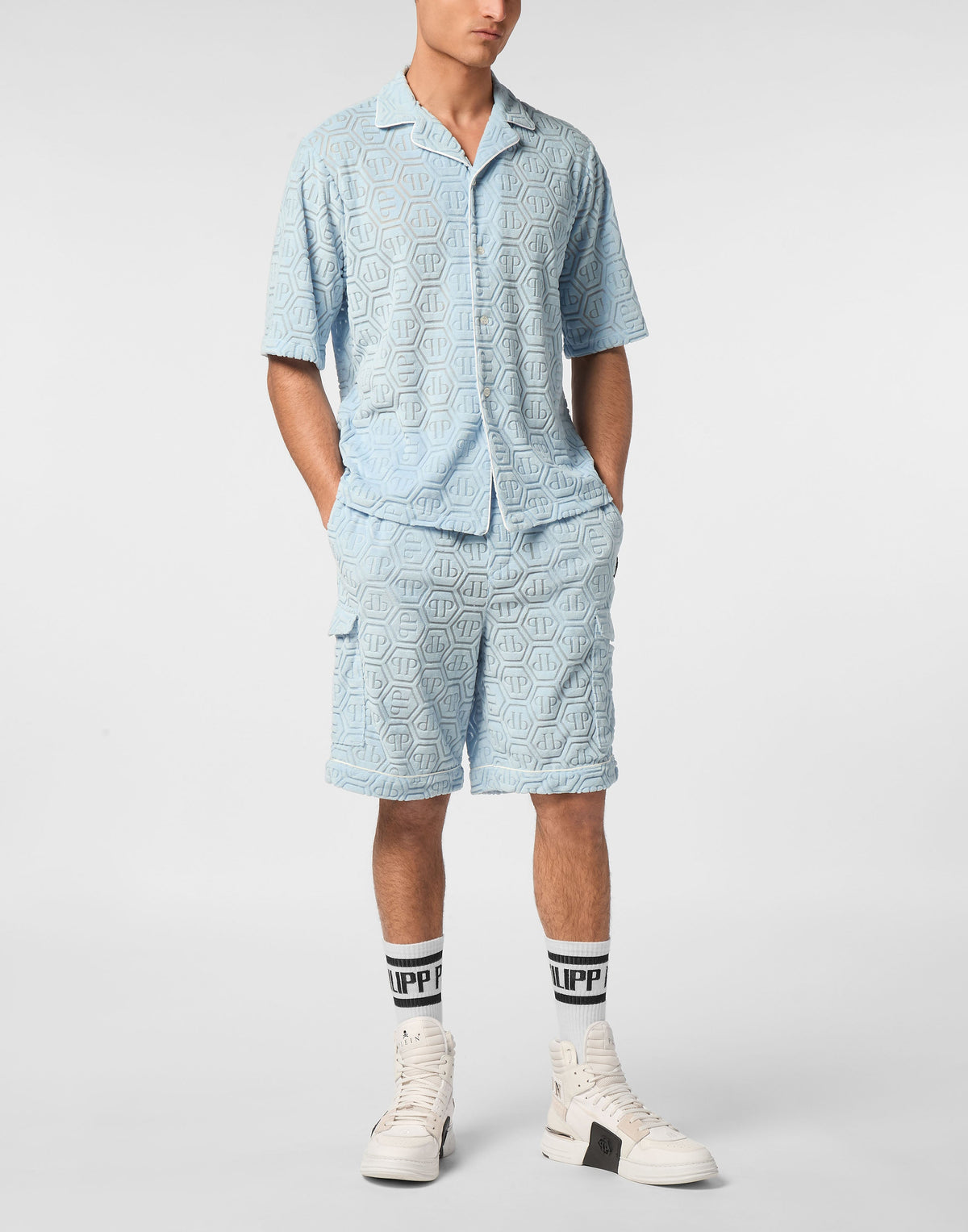 Philipp Plein Bowling Fit Jacquard Monogram 粉藍男款穿搭示範 189cm L號