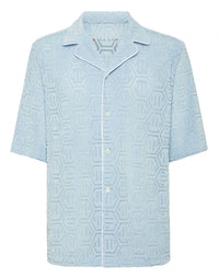 Philipp Plein Shirt Bowling Fit Jacquard Monogram 粉藍六角提花保齡球領短袖襯衫 男款正面
