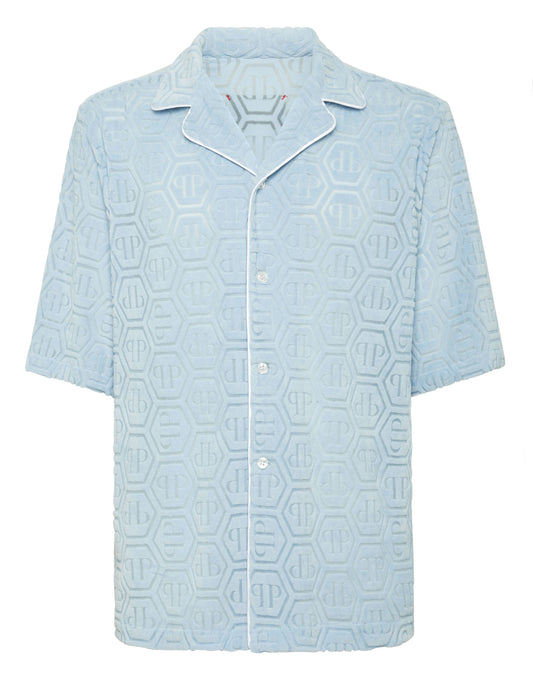 Philipp Plein Shirt Bowling Fit Jacquard Monogram 粉藍六角提花保齡球領短袖襯衫 男款正面