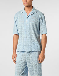 Philipp Plein Shirt Bowling Fit Jacquard Monogram 粉藍六角提花保齡球領短袖襯衫 男款正面