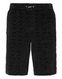Philipp Plein Short Trousers Cool Kid Fit Jacquard 黑色毛圈絨面六角PP浮雕寬鬆短褲 男款正面