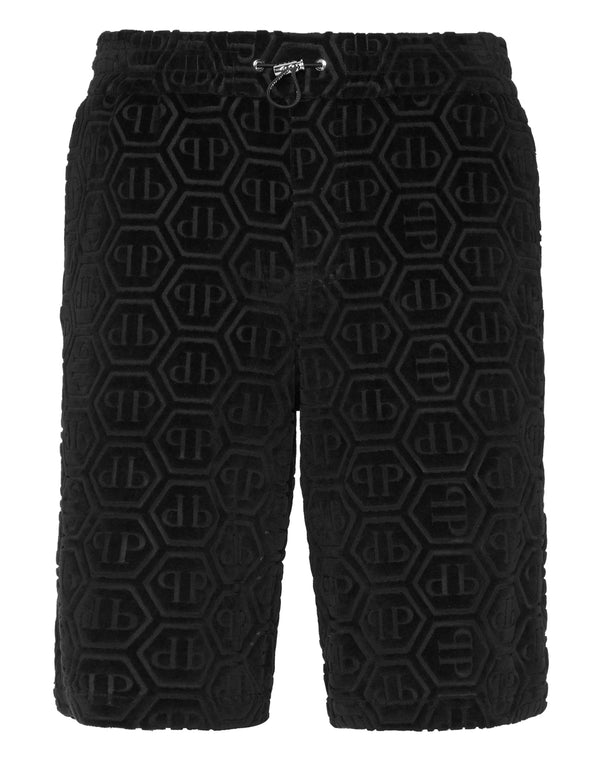 Philipp Plein Short Trousers Cool Kid Fit Jacquard 黑色毛圈絨面六角PP浮雕寬鬆短褲 男款正面
