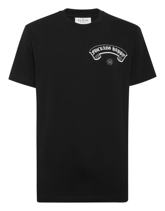 Philipp Plein T-shirt Gothic Plein 黑色Fucking Happy白色哥德弧形印花圓領T恤 男款正面