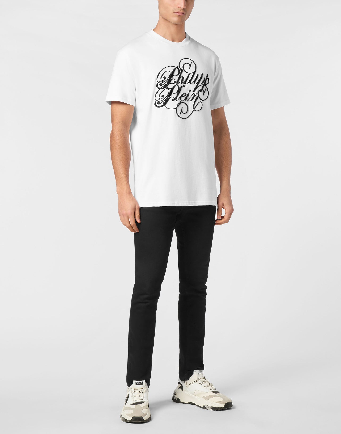Philipp Plein T-shirt Plein Coursive 男款白色花體草書T恤穿搭示範 189cm L號