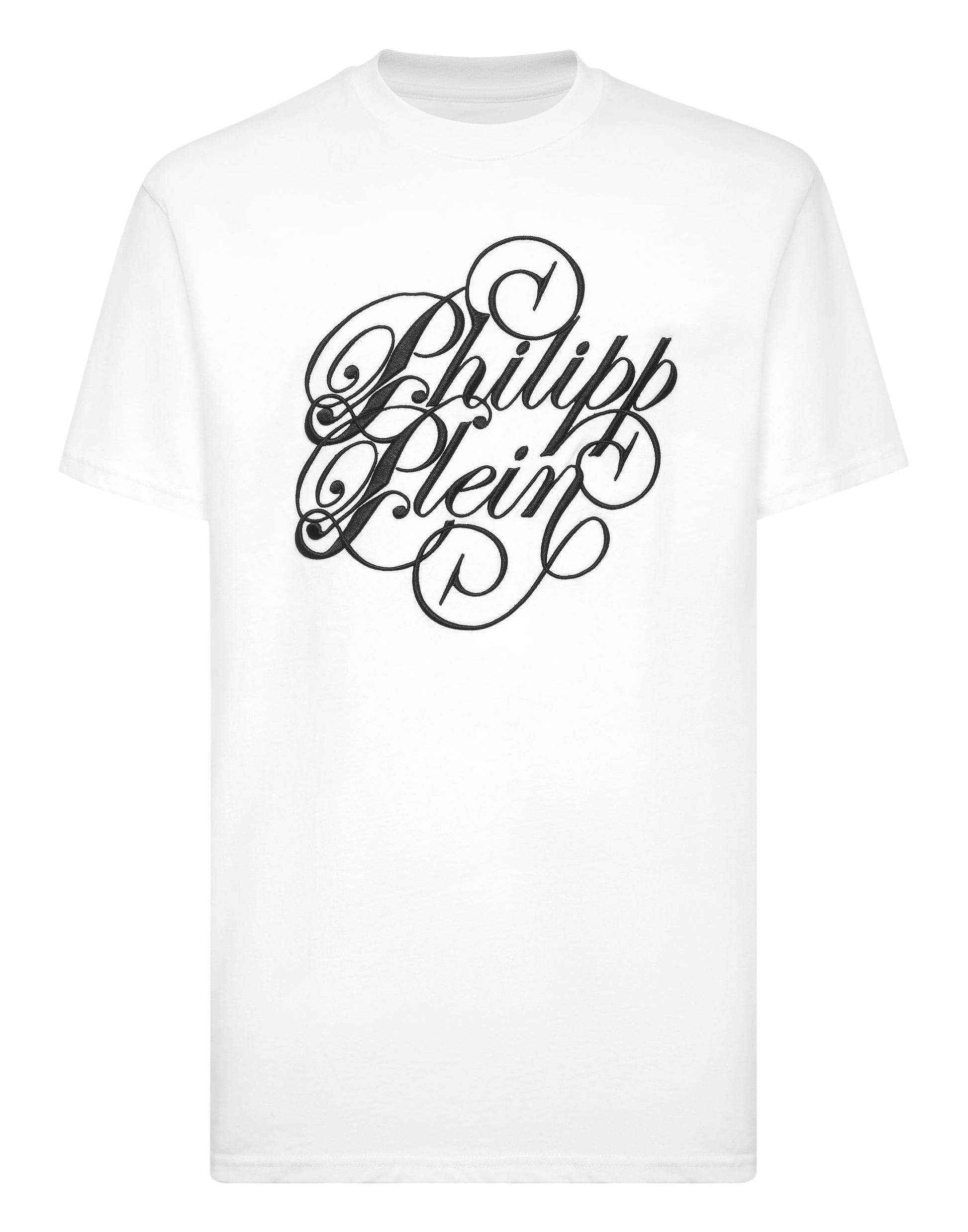 Philipp Plein T-shirt Plein Coursive 白色完整品牌名黑色花體草書大字圓領T恤 男款正面