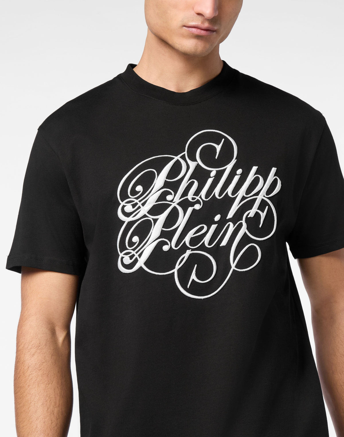 Philipp Plein Plein Coursive 黑色款白色繁複花體草書印花細節特寫