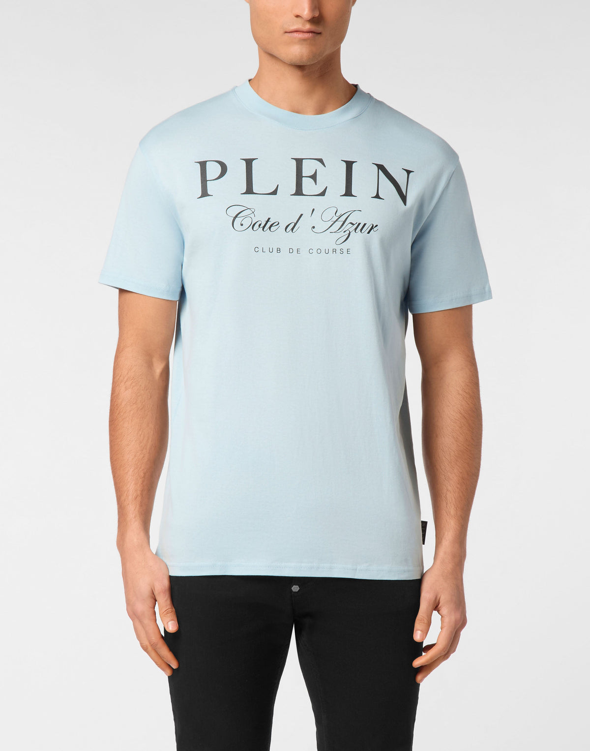 Philipp Plein Club The Course 粉藍款深藍PLEIN印刷體與Cote d'Azur草書細節特寫