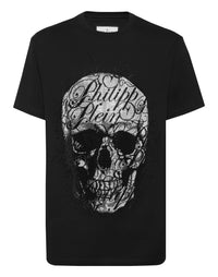 Philipp Plein T-shirt Skull Coursive 黑色大型水鑽骷髏花體草書圓領T恤 男款正面