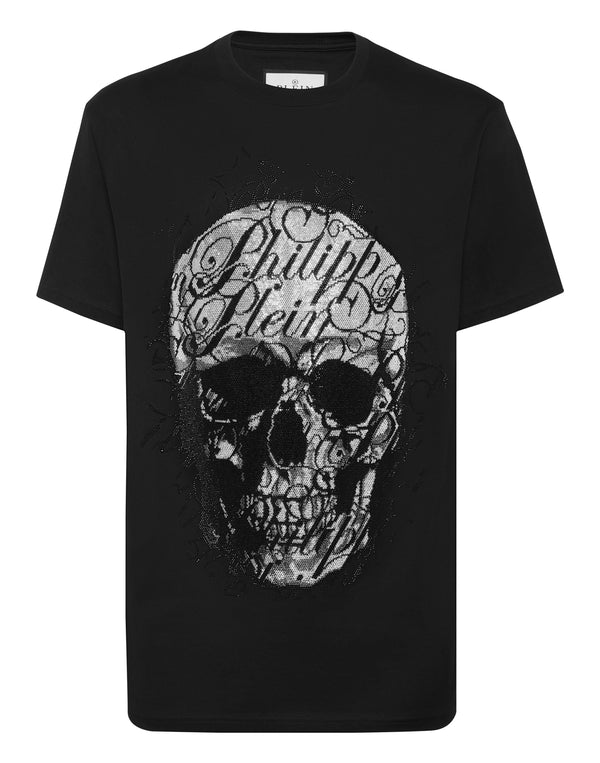 Philipp Plein T-shirt Skull Coursive 黑色大型水鑽骷髏花體草書圓領T恤 男款正面
