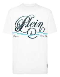 Philipp Plein T-shirt Coursive Border 白色深藍草書Plein水鑽賽車圓領T恤 男款正面