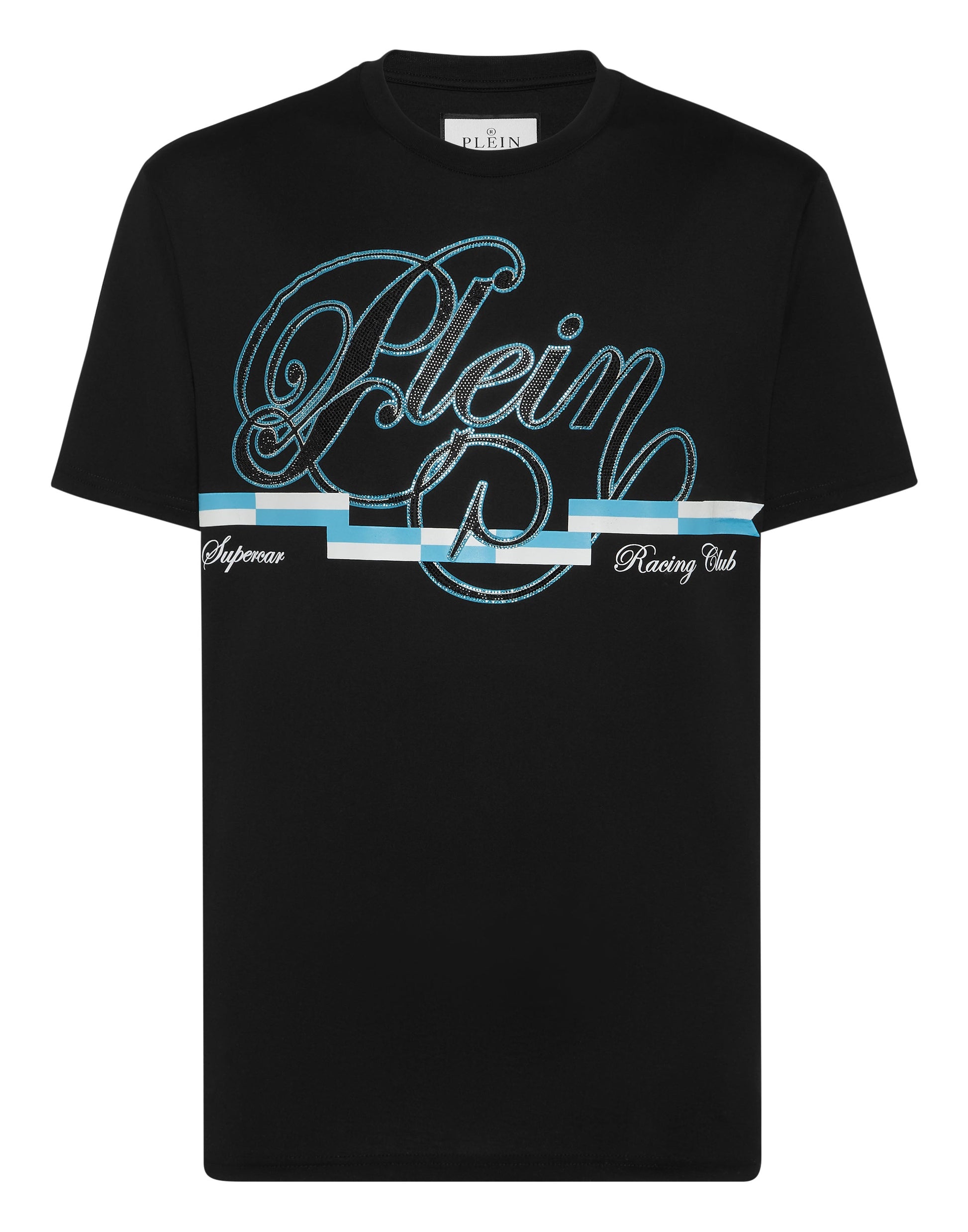 Philipp Plein T-shirt Coursive Border 黑色草書Plein藍白印花賽車圓領T恤 男款正面