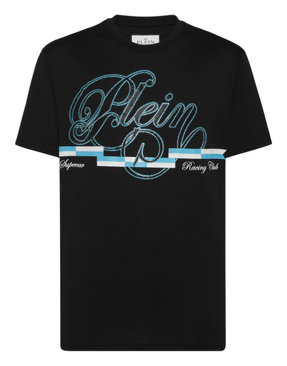 Philipp Plein T-shirt Coursive Border 黑色草書Plein藍白印花賽車圓領T恤 男款正面