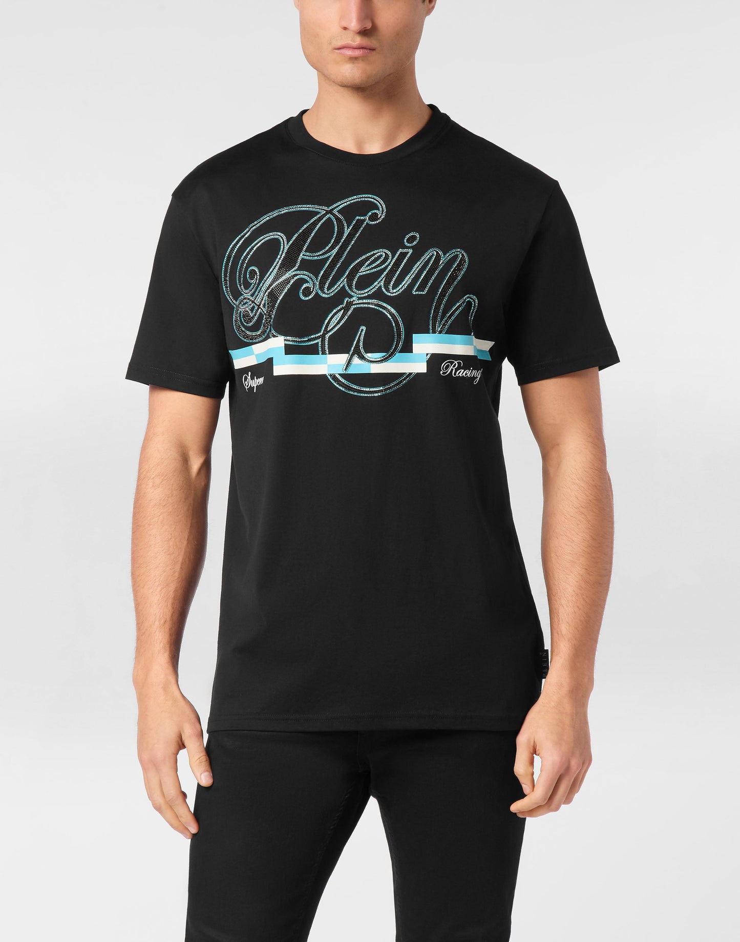 Philipp Plein Coursive Border 草書Plein輪廓藍白線條印花細節特寫