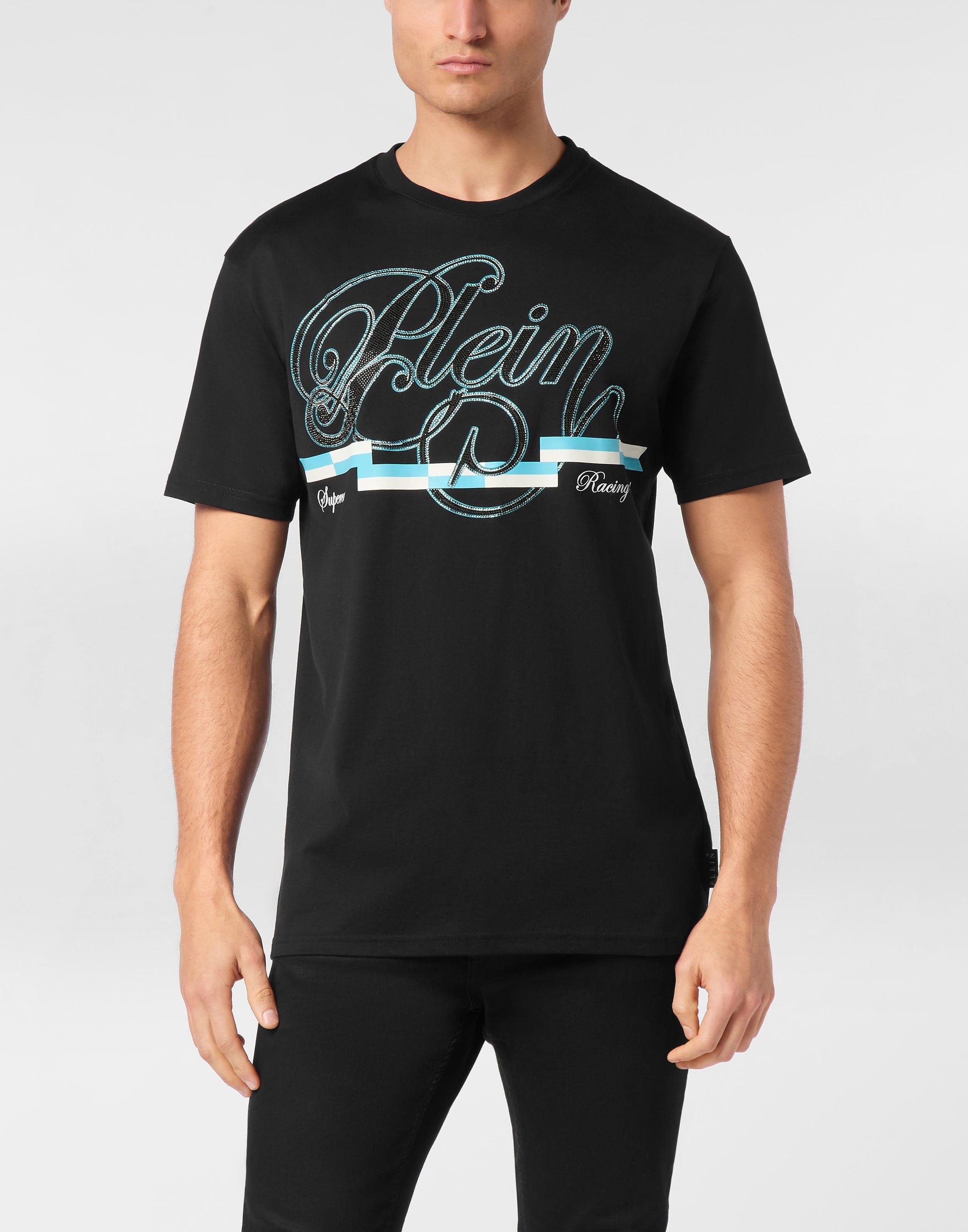 Philipp Plein Coursive Border 草書Plein輪廓藍白線條印花細節特寫