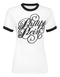 Philipp Plein T-Shirt Sexy Pure 白色黑色Ringer滾邊花體草書修身圓領T恤 女款正面