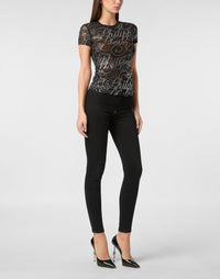 Philipp Plein T-Shirt Sexy Pure Signature 女款黑色水鑽T恤穿搭示範 178cm S號