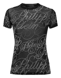 Philipp Plein T-Shirt Sexy Pure Signature 黑色網眼布滿版花體草書水鑽珠寶點綴修身T恤 女款正面