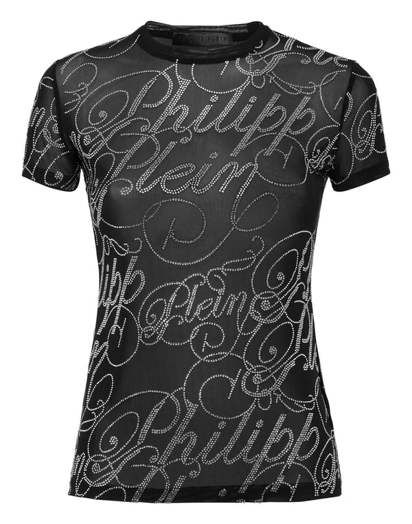 Philipp Plein T-Shirt Sexy Pure Signature 黑色網眼布滿版花體草書水鑽珠寶點綴修身T恤 女款正面