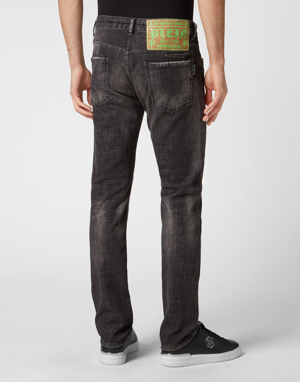 Philipp Plein｜Denim Trousers Super Straight Cut Skull&Bones 男款牛仔褲