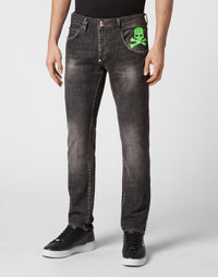 Philipp Plein｜Denim Trousers Super Straight Cut Skull&Bones 男款牛仔褲