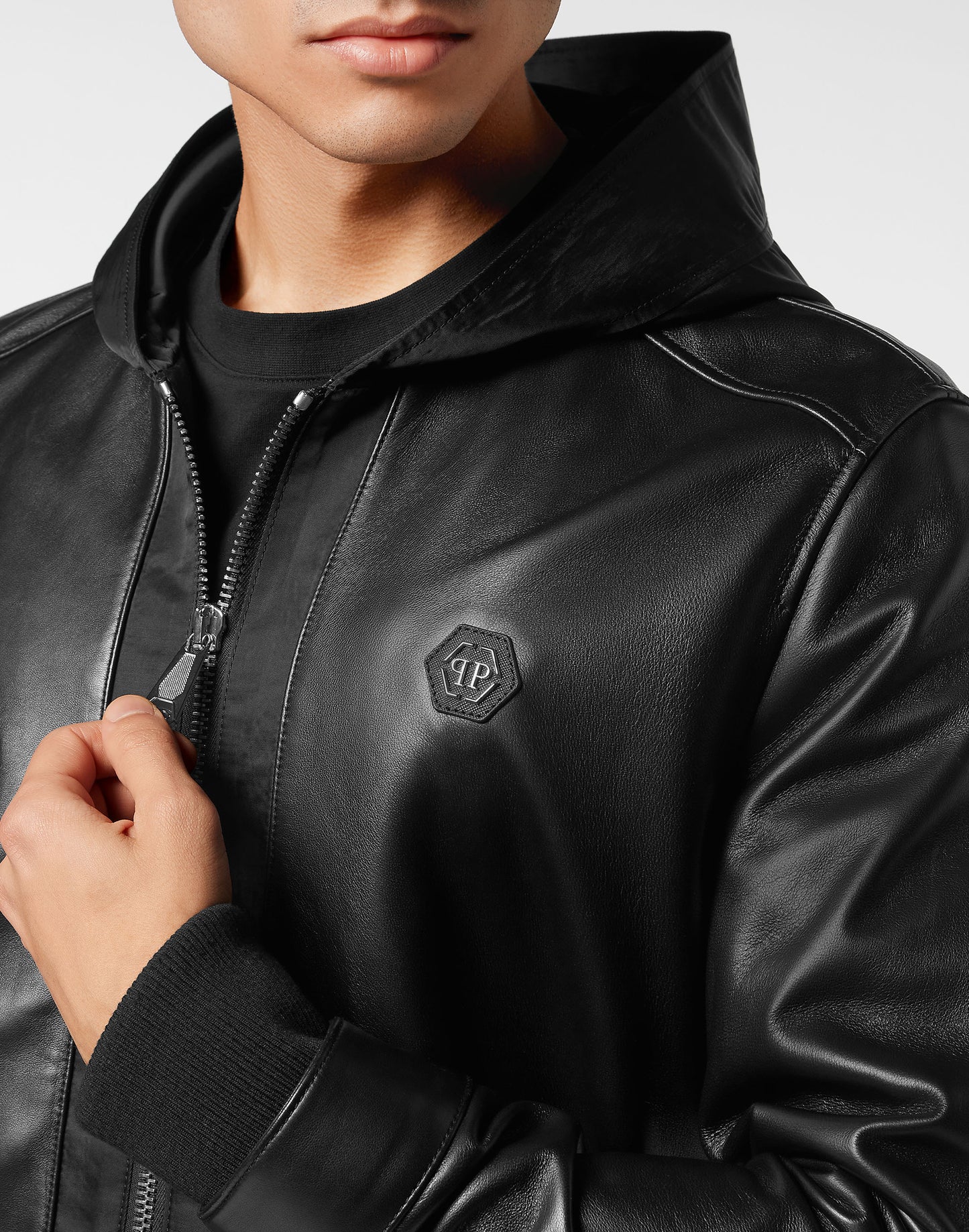 Leather Hooded Bomber with Satin Inserts