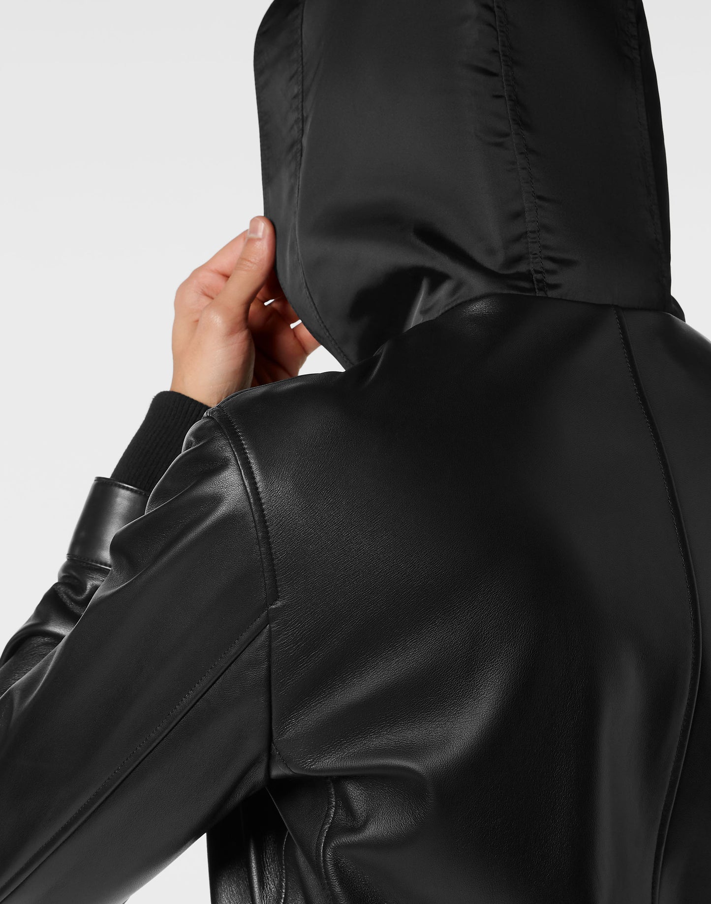 Leather Hooded Bomber with Satin Inserts