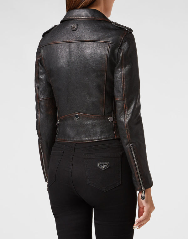 Philipp Plein｜Vintage Leather Boxy Biker 女款皮外套